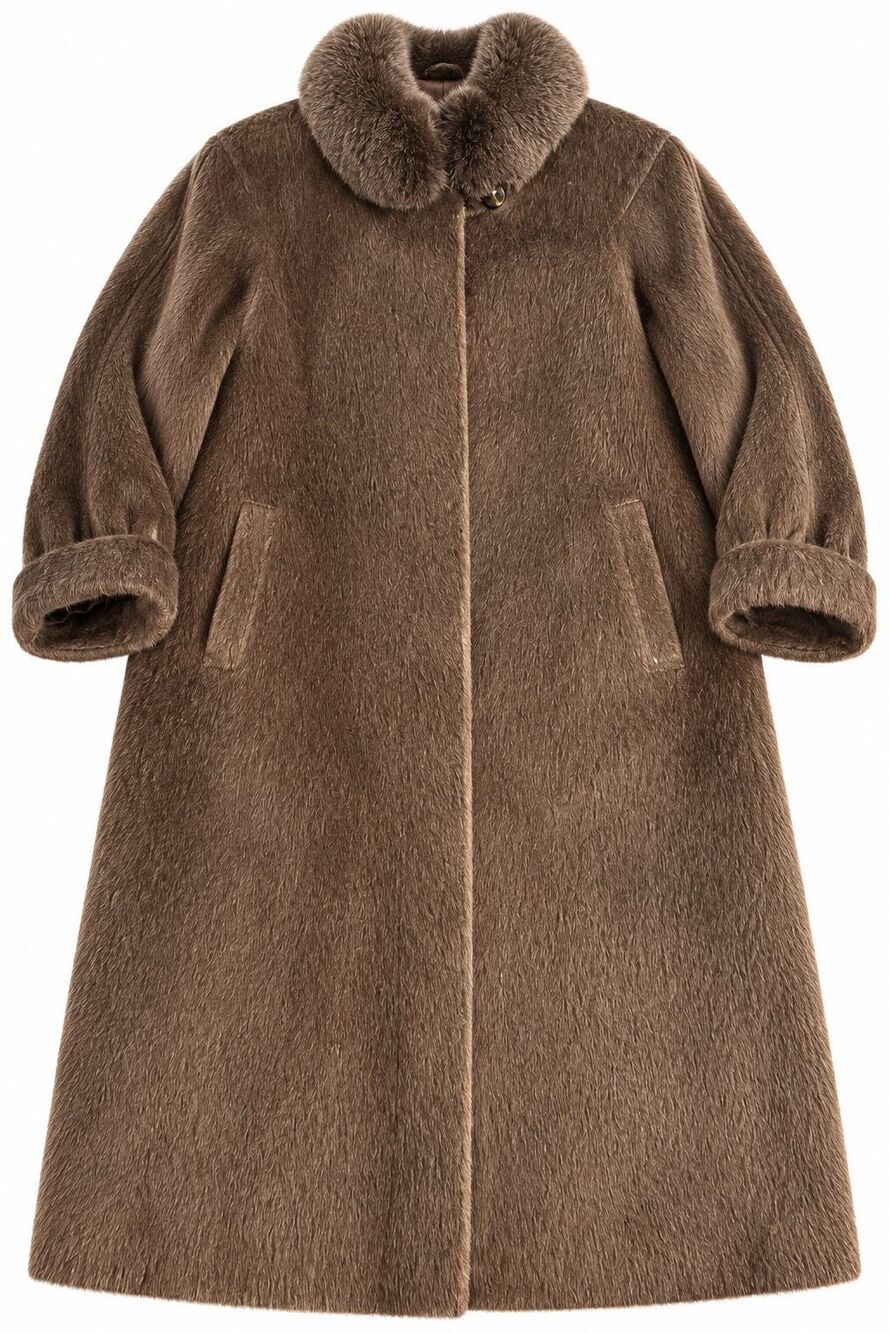 Hensel & Mortensen Vintage Llama Hair Long Coat Fur Collar Brown Women’s L Flaws - Picture 2 of 16